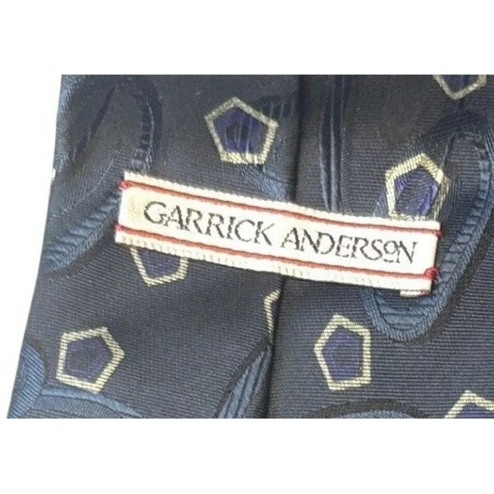 VTG Garrick Anderson Mens Silk Necktie Navy Blue Gold Purple Geometrice USA Made